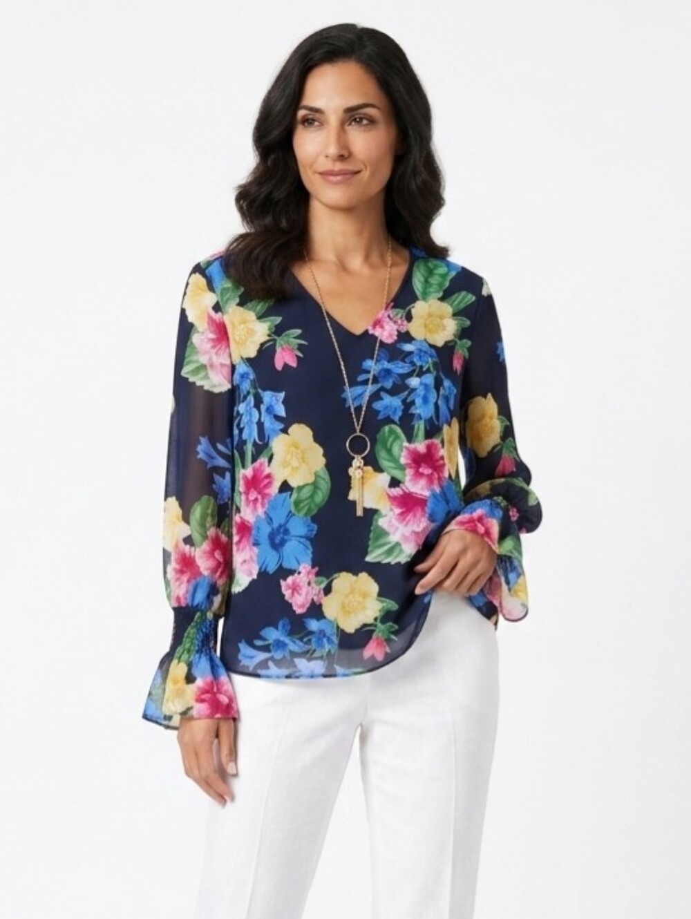 JM Collection Navy Floral V-Neck Blouse Size 0X Equivalent To Size 14 Or 16